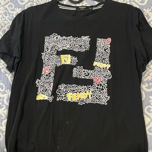 Fendi Black Graphic Logo Tee with Yellow and Pink Accents